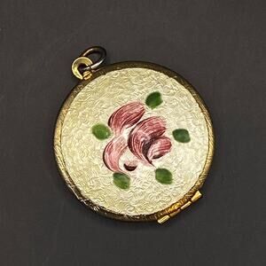 Vintage Guilloche Enamel Photo Locket Pendant Rose Pink Green Gold Tone